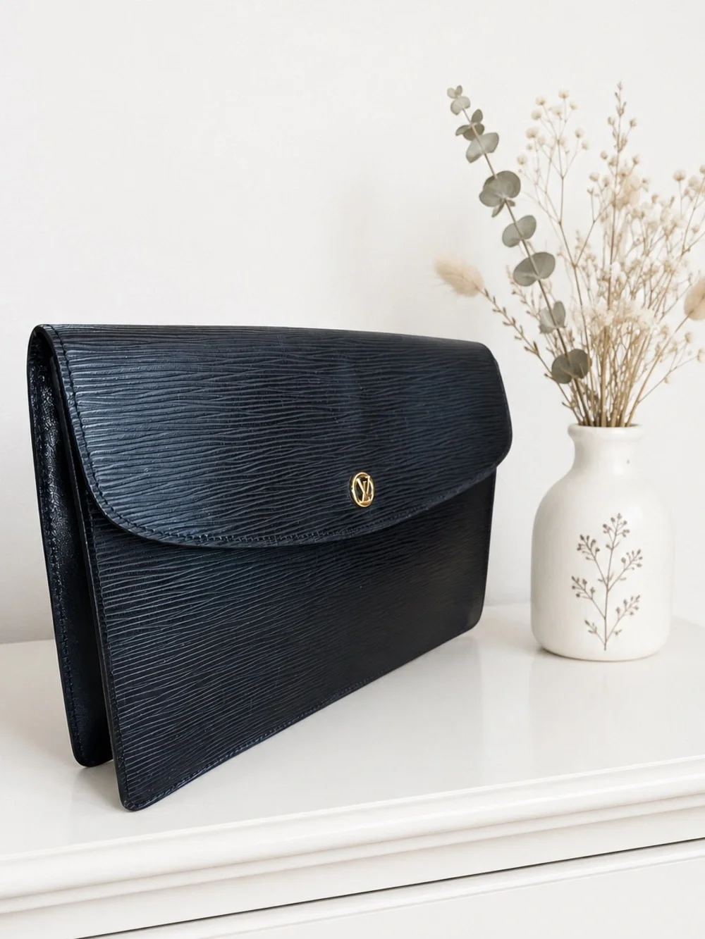 Louis Vuitton VTG Classic Black Leather Clutch Gold LV Button + Dust Bag 10x7”
